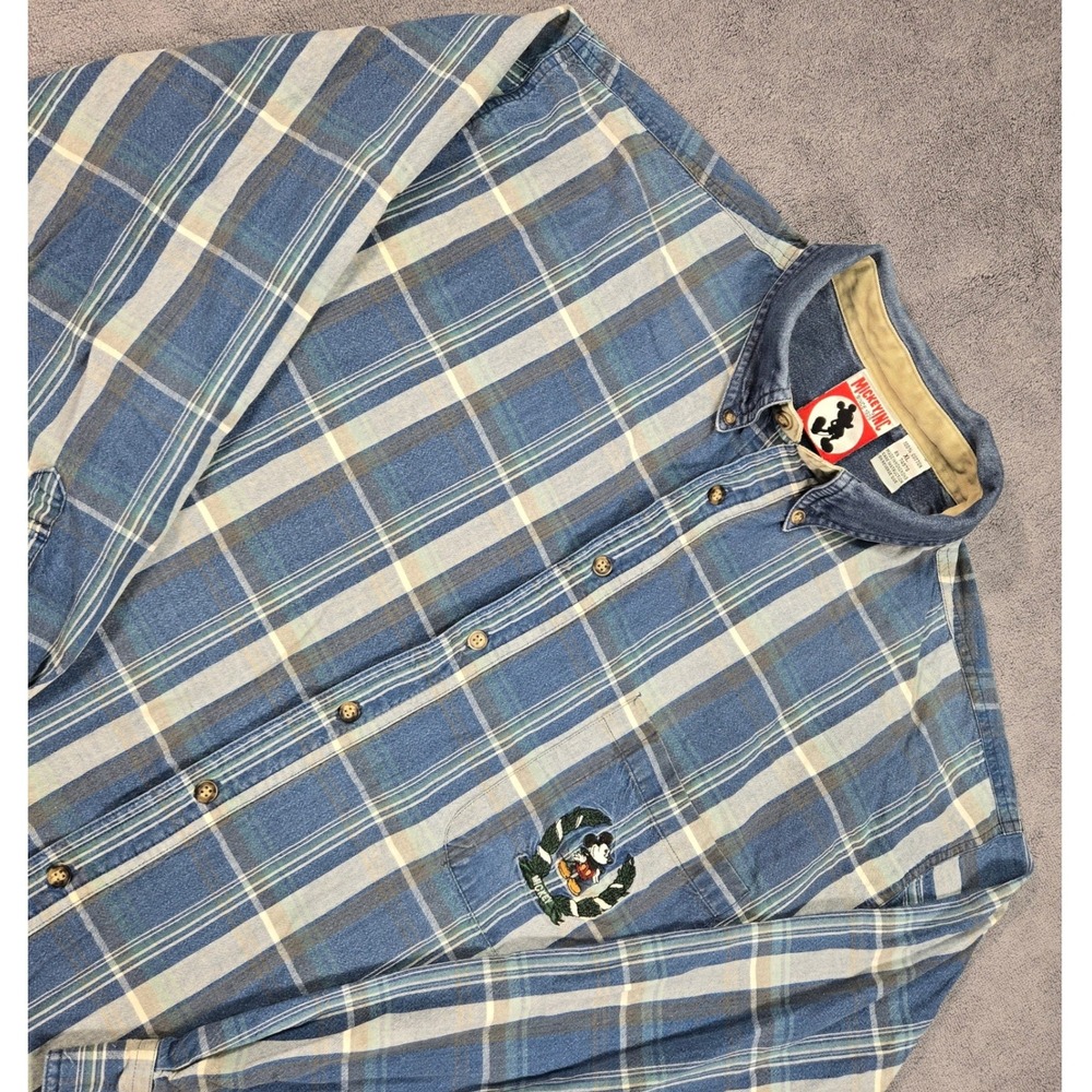 Vintage Disney Mickey Inc Plaid Button Up Shirt Mens XL 90s Embroidered Crest